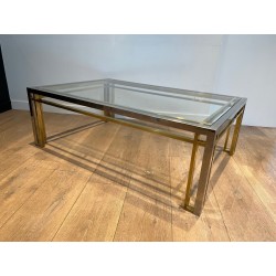 Bicolour Rectangular Coffee Table in Chrome and Brass with a Glass Top, Willy Rizzo, French Work, 1970s.