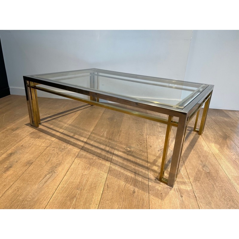 Table Basse Rectangulaire Bicolore en Chrome et Laiton à Plateau de Verre. Willy Rizzo. Travail Français. Années 1970