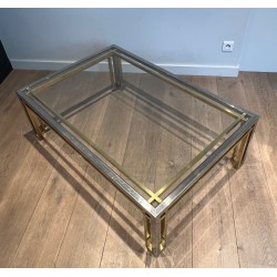 Bicolour Rectangular Coffee Table in Chrome and Brass with a Glass Top, Willy Rizzo, French Work, 1970s.