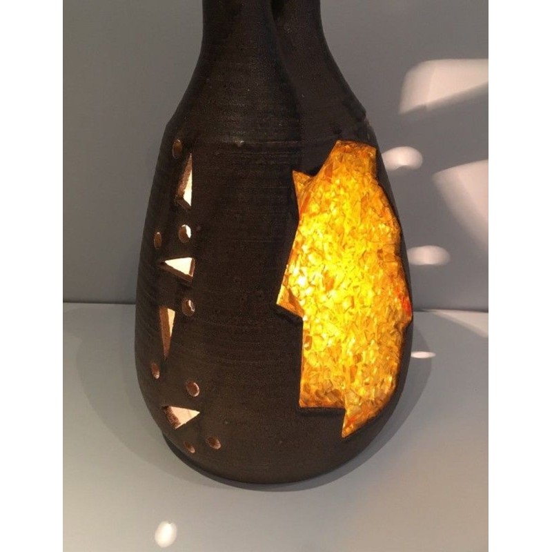 Unusual Ceramic & Amber Glass Table Lamp, circa 1970