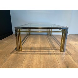 Bicolour Rectangular Coffee Table in Chrome and Brass with a Glass Top, Willy Rizzo, French Work, 1970s.