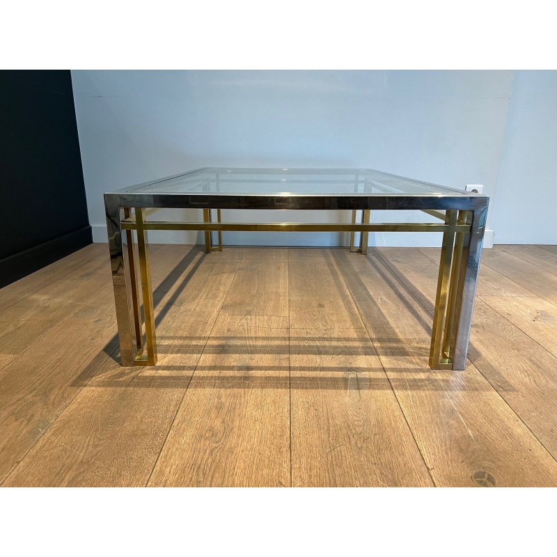 Bicolour Rectangular Coffee Table in Chrome and Brass with a Glass Top, Willy Rizzo, French Work, 1970s.