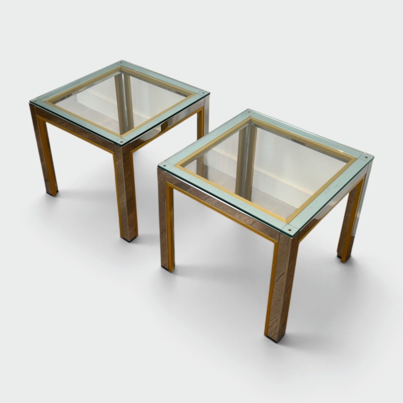 Paire de Bouts de Canapé en Chrome et Laiton à Plateau de Verre par Willy Rizzo. Années 1970