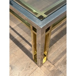 Bicolour Rectangular Coffee Table in Chrome and Brass with a Glass Top, Willy Rizzo, French Work, 1970s.