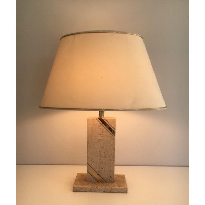 Lampe Travertin avec Incrustation de Laiton, vers 1970