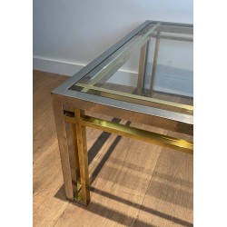 Bicolour Rectangular Coffee Table in Chrome and Brass with a Glass Top, Willy Rizzo, French Work, 1970s.