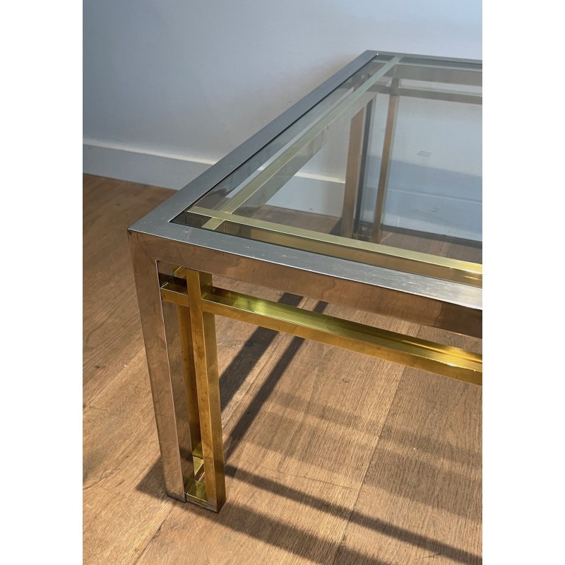 Bicolour Rectangular Coffee Table in Chrome and Brass with a Glass Top, Willy Rizzo, French Work, 1970s.