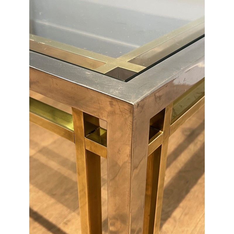 Table Basse Rectangulaire Bicolore en Chrome et Laiton à Plateau de Verre. Willy Rizzo. Travail Français. Années 1970
