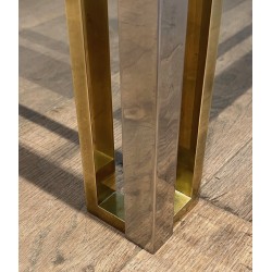 Table Basse Rectangulaire Bicolore en Chrome et Laiton à Plateau de Verre. Willy Rizzo. Travail Français. Années 1970