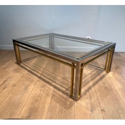 Bicolour Rectangular Coffee Table in Chrome and Brass with a Glass Top, Willy Rizzo, French Work, 1970s.