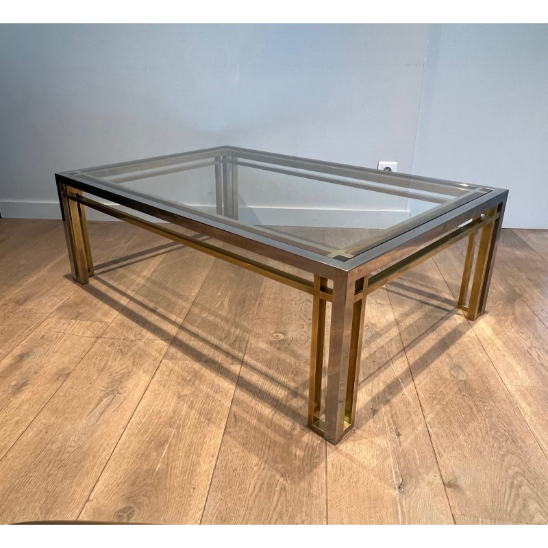 Table Basse Rectangulaire Bicolore en Chrome et Laiton à Plateau de Verre. Willy Rizzo. Travail Français. Années 1970