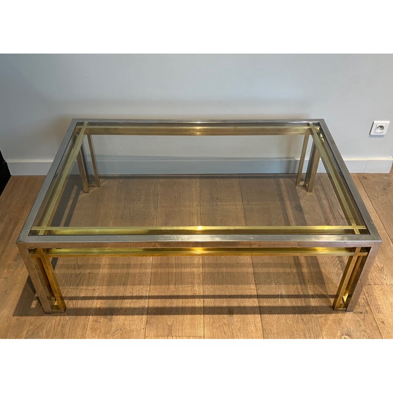 Bicolour Rectangular Coffee Table in Chrome and Brass with a Glass Top, Willy Rizzo, French Work, 1970s.
