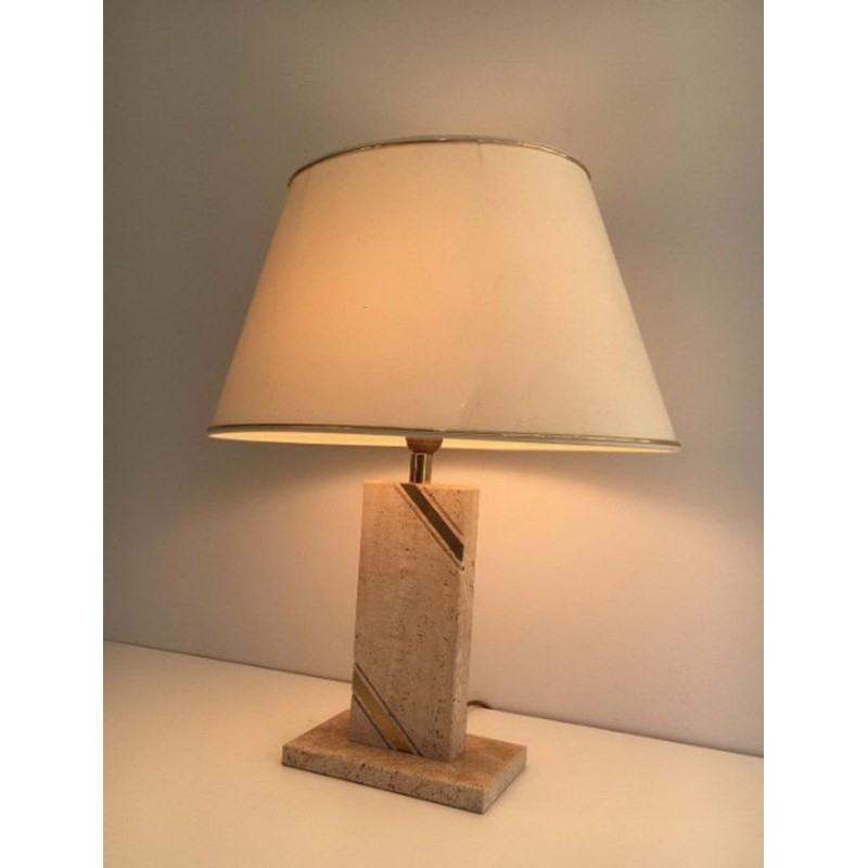 Lampe Travertin avec Incrustation de Laiton, vers 1970
