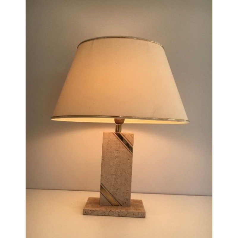Lampe Travertin avec Incrustation de Laiton, vers 1970