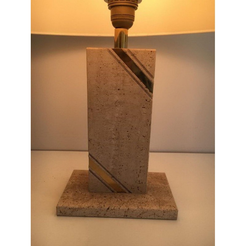 Travertine Table Lamp with Brass Inlay, circa 1970