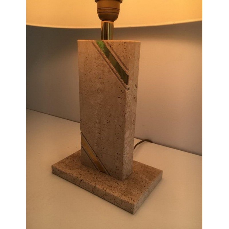 Lampe Travertin avec Incrustation de Laiton, vers 1970