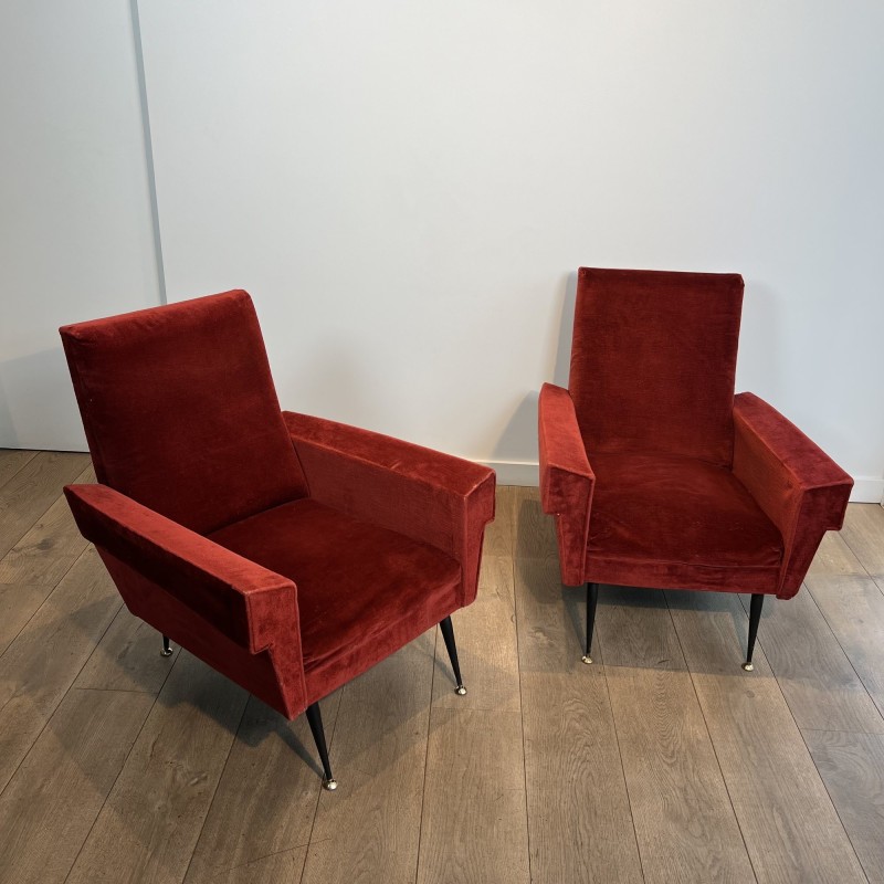 Pair of Red Velvet Armchairs with Geometric Armrests, Tapered Black Metal and Brass Base, Circa 1950