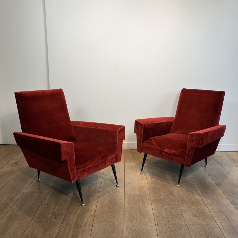 Pair of Red Velvet Armchairs with Geometric Armrests, Tapered Black Metal and Brass Base, Circa 1950