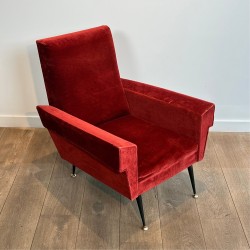 Pair of Red Velvet Armchairs with Geometric Armrests, Tapered Black Metal and Brass Base, Circa 1950