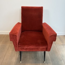 Pair of Red Velvet Armchairs with Geometric Armrests, Tapered Black Metal and Brass Base, Circa 1950