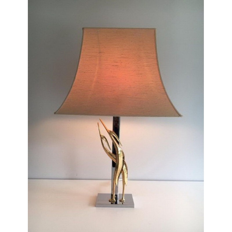 Sculptural Bronze & Chrome Table Lamp with Birds, circa 1970