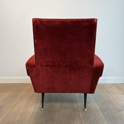 Pair of Red Velvet Armchairs with Geometric Armrests, Tapered Black Metal and Brass Base, Circa 1950