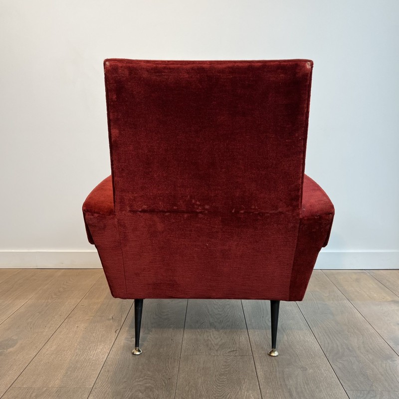 Pair of Red Velvet Armchairs with Geometric Armrests, Tapered Black Metal and Brass Base, Circa 1950