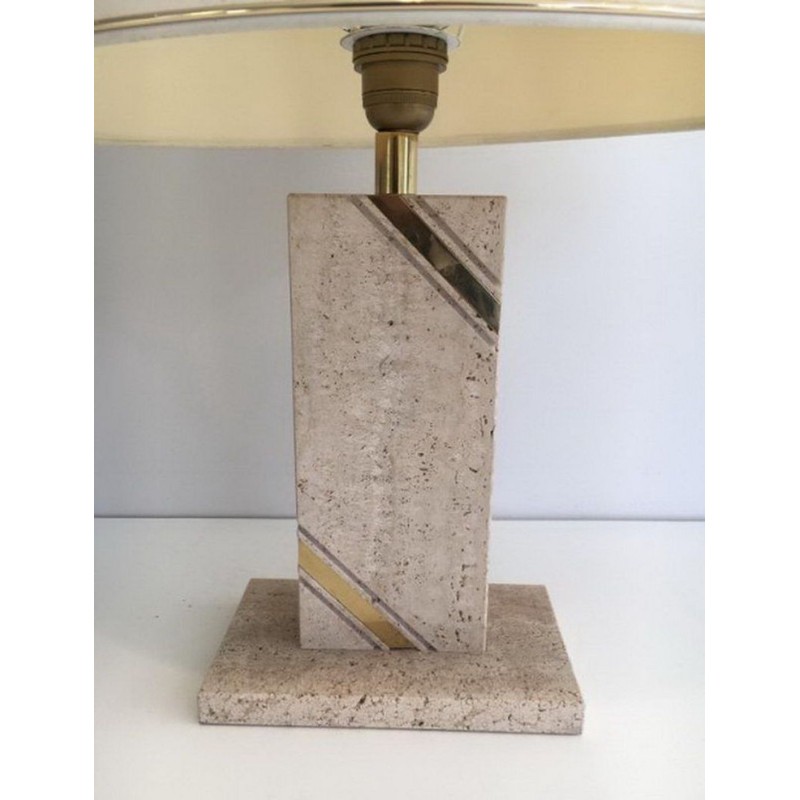 Lampe Travertin avec Incrustation de Laiton, vers 1970