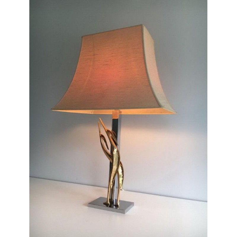 Sculptural Bronze & Chrome Table Lamp with Birds, circa 1970