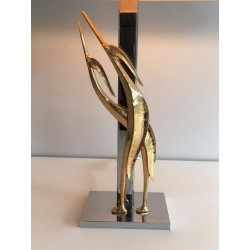 Sculptural Bronze & Chrome Table Lamp with Birds, circa 1970