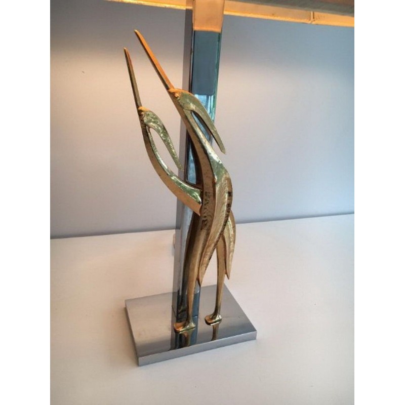 Sculptural Bronze & Chrome Table Lamp with Birds, circa 1970