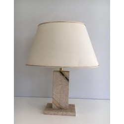 Travertine Table Lamp with Brass Inlay, circa 1970