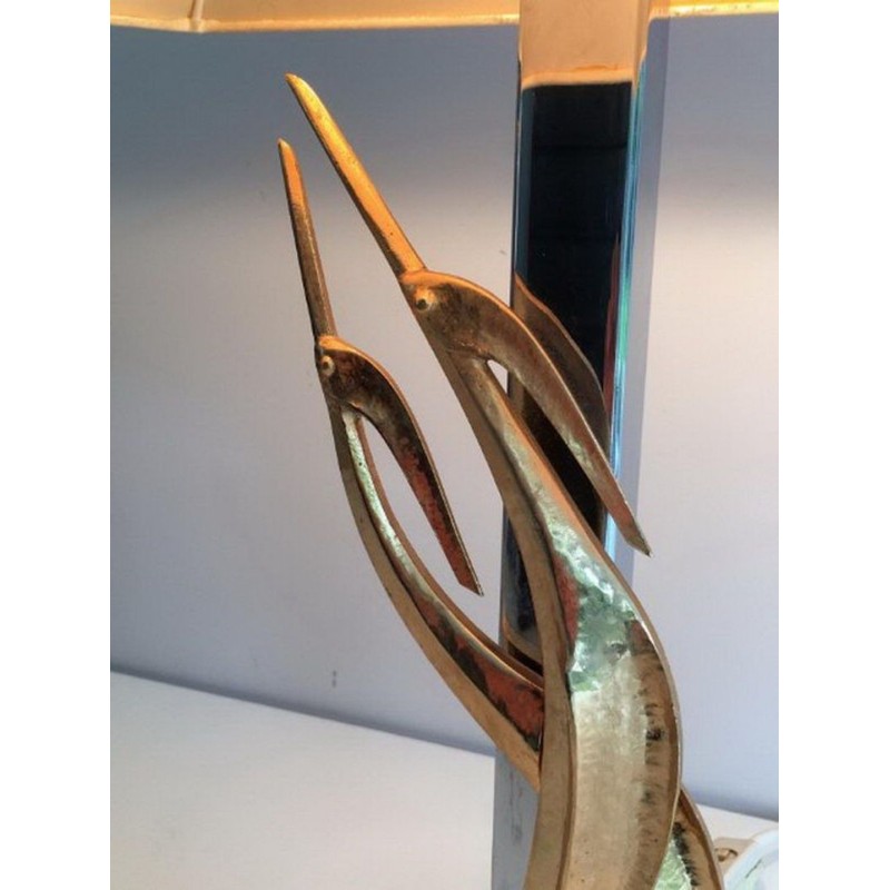 Sculptural Bronze & Chrome Table Lamp with Birds, circa 1970
