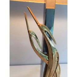 Lampe Sculpturale Bronze et Chrome avec Oiseaux, vers 1970