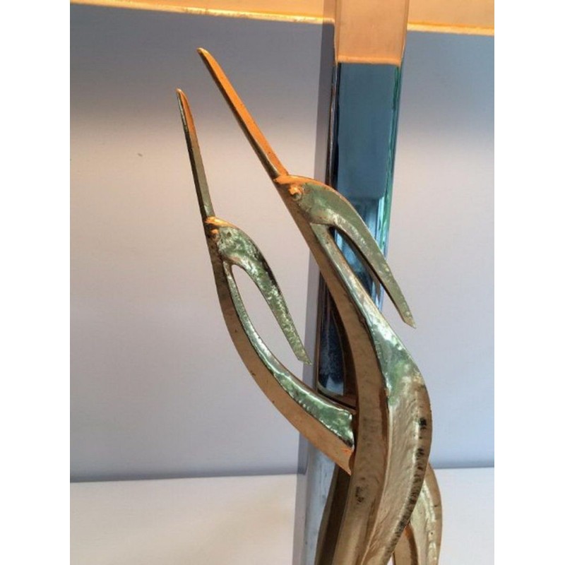 Sculptural Bronze & Chrome Table Lamp with Birds, circa 1970