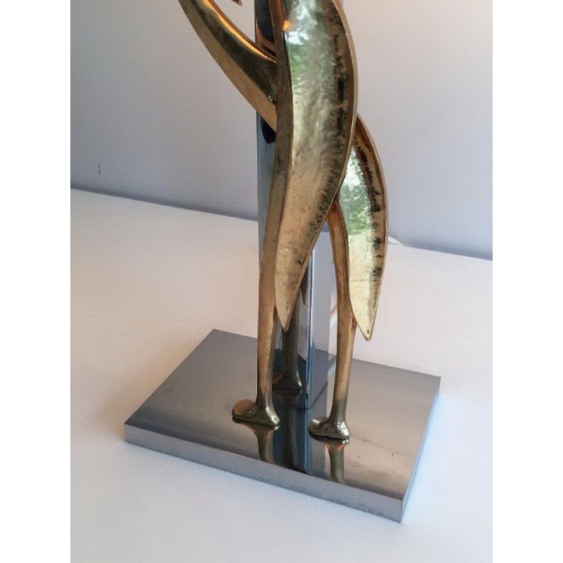 Sculptural Bronze & Chrome Table Lamp with Birds, circa 1970
