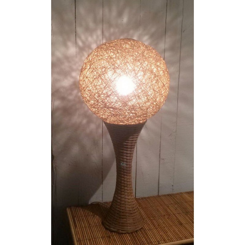Grande Lampe de Table en Rotin, Travail Français, vers 1970 – Maison BARROIS