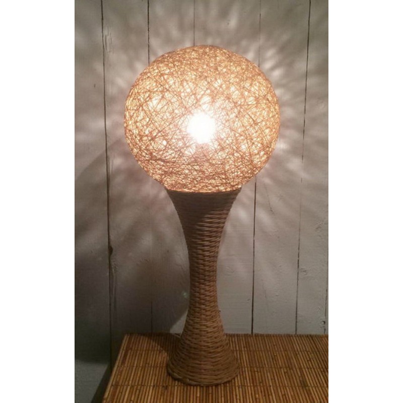 Grande Lampe de Table en Rotin, Travail Français, vers 1970 – Maison BARROIS