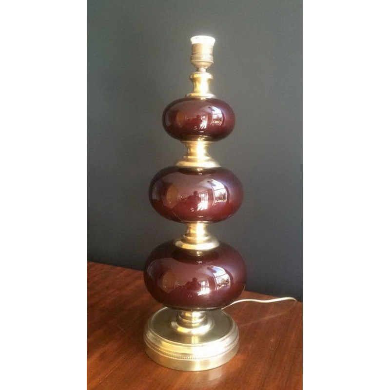 Lampe Verre Rouge et Laiton, Travail Français, vers 1960