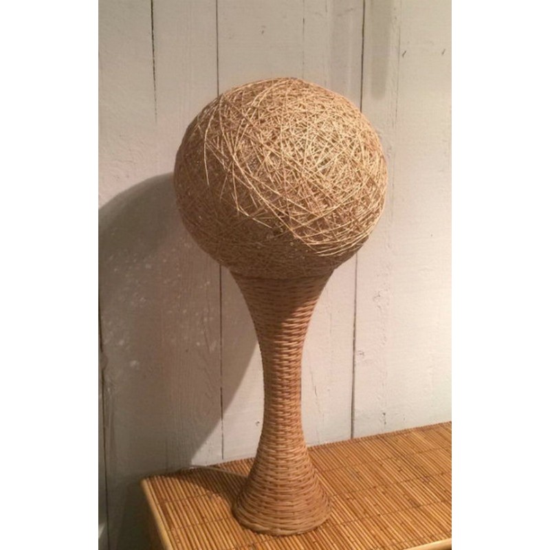 Grande Lampe de Table en Rotin, Travail Français, vers 1970 – Maison BARROIS