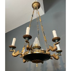 Lustre de Style Empire en Bronze, Tôle Verte et Flamme en Verre Moulé