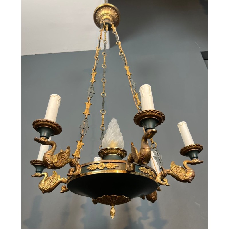 Lustre Empire en Tôle Verte et Bronze Doré, Travail Français, vers 1920 – Maison BARROIS