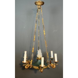 Lustre Empire en Tôle Verte et Bronze Doré, Travail Français, vers 1920 – Maison BARROIS