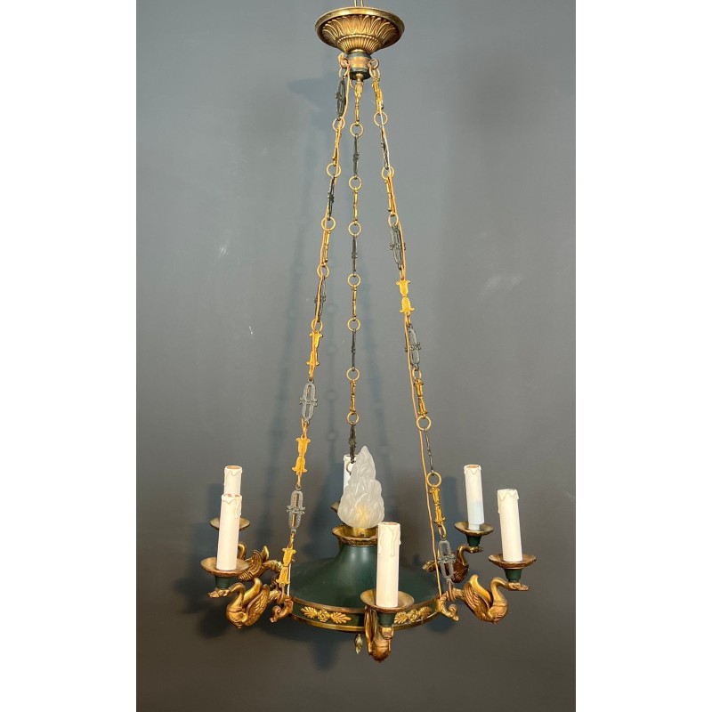 Lustre Empire en Tôle Verte et Bronze Doré, Travail Français, vers 1920 – Maison BARROIS