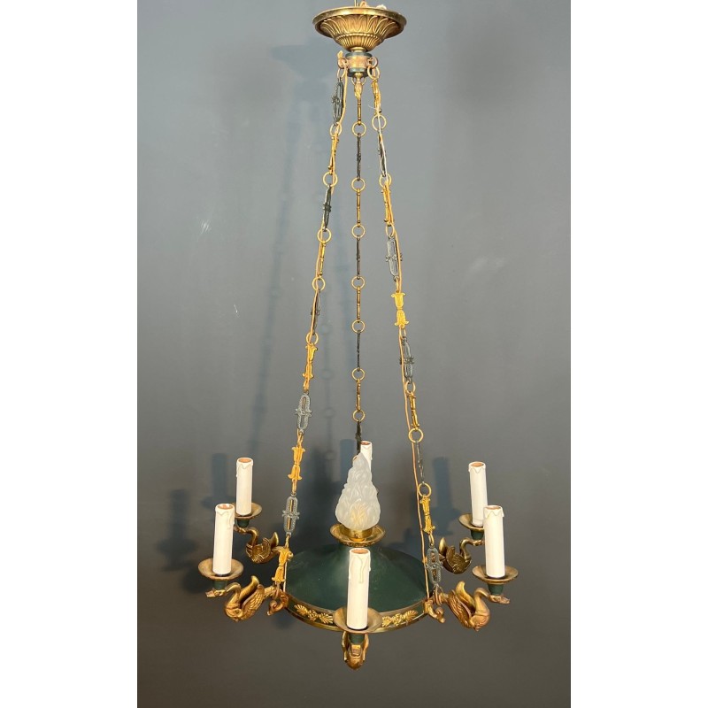Lustre de Style Empire en Bronze, Tôle Verte et Flamme en Verre Moulé