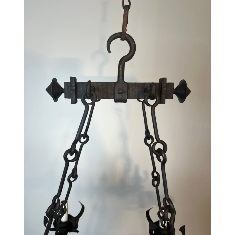 Four-Light Gothic Style Wrought Iron Chandelier, French Work, circa 1940 – Maison BARROIS