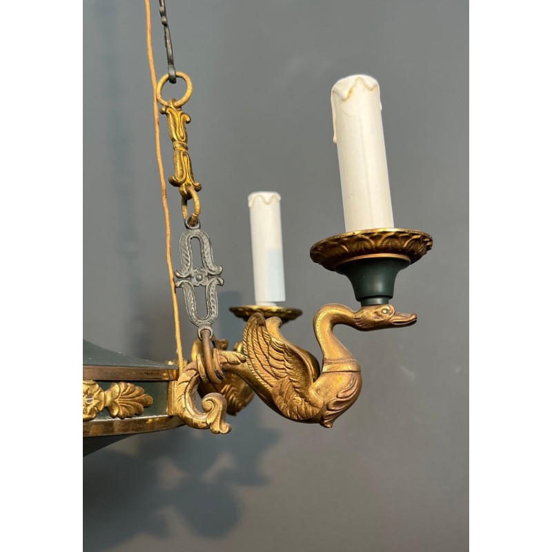 Lustre Empire en Tôle Verte et Bronze Doré, Travail Français, vers 1920 – Maison BARROIS