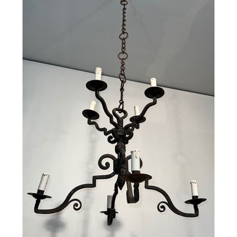 Lustre Fer Forgé Gothique à 2 Niveaux et 8 Bras, Travail Français, vers 1940 – Maison BARROIS