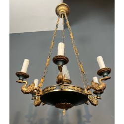 Lustre de Style Empire en Bronze, Tôle Verte et Flamme en Verre Moulé