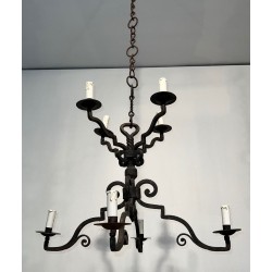 Lustre Fer Forgé Gothique à 2 Niveaux et 8 Bras, Travail Français, vers 1940 – Maison BARROIS